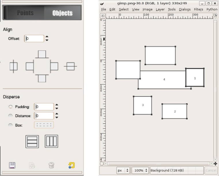 objects mode tool options and the canvas with numbered objects