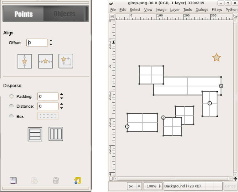 points mode tool options and the canvas with objects with points placed,
    and the star reference