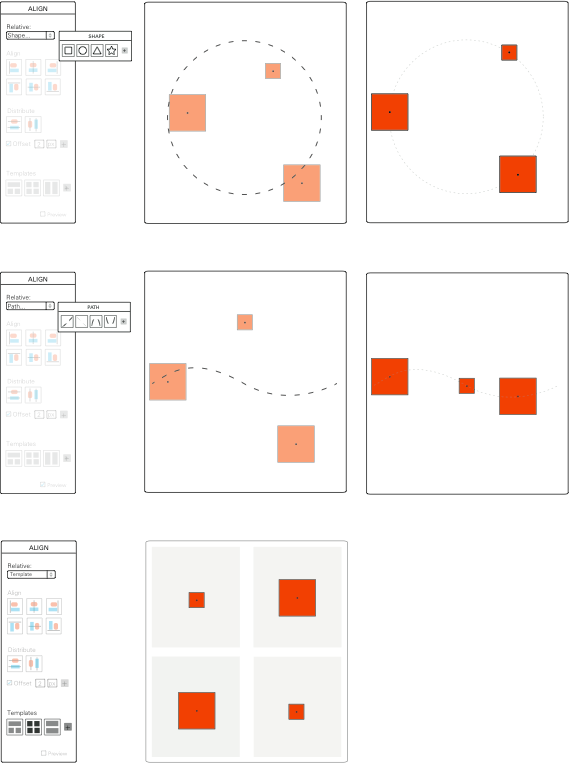 aligning objects with a circle, a wavy path and a grid layout