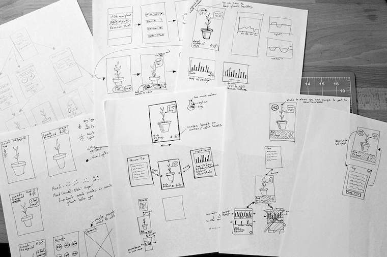 several sheets of paper with interaction sketches