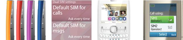 four nokia phones with hot-swap SIM slots, screenshot of dual-SIM
		       settings, a nokia qwerty keyboard dual-SIM phone, screenshot of dual-SIM
		       handling