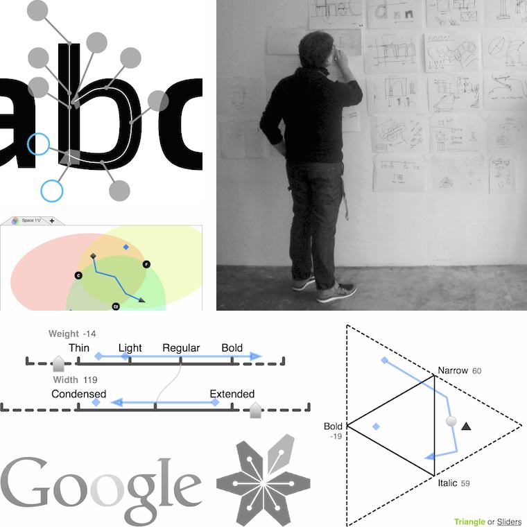 a collage of innovative curve handling, a bubble font design space,
		       peter working during a collaboration sprint in zurich, compact interaction
		       for extrapolating design spaces, the google and metapolator logos, and an
		       ideal triangular, extrapolating design space