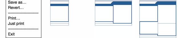 a file menu showing the novell just print menu item (skip the dialog),
		       three stages of print dialog growth—from compact to double-decker