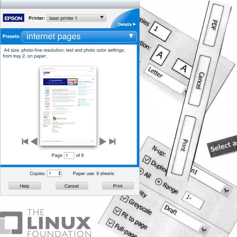 a collage of the compact version print dialog showing the all-important
		       print preview, the linux foundation logo and paper dialog snippets used
		       during a creative exercise