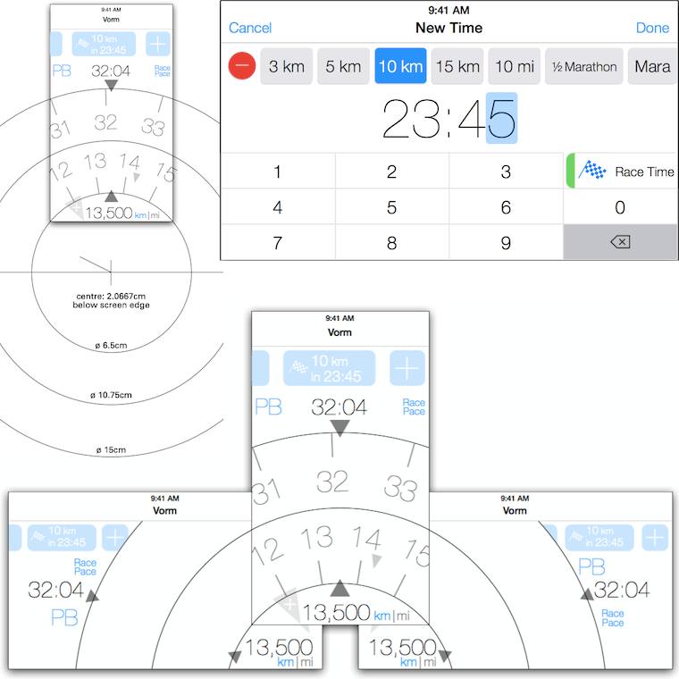 a collage of the main screen in portrait and landscape orientation
		       with the rotors for exploring time-distance relations, a technical drawing
		       for the rotors, the screen for swift input of a run time for a distance